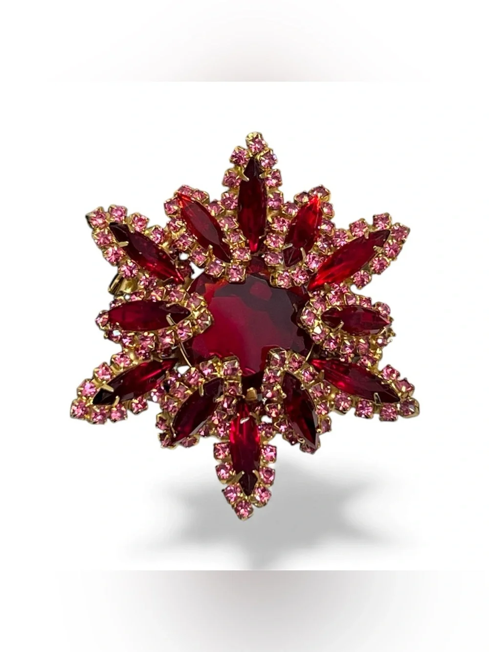 Vintage 1950s Unsigned High Tiered Ruby Red & Pink Rhinestone Starburst Brooch